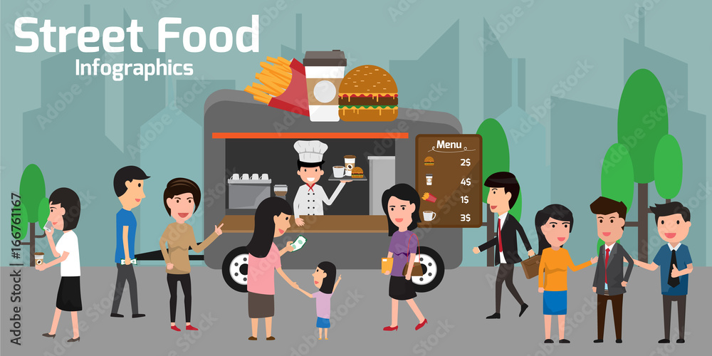 fast food on truck small business concept infographics elements. street food truck vector illustration.