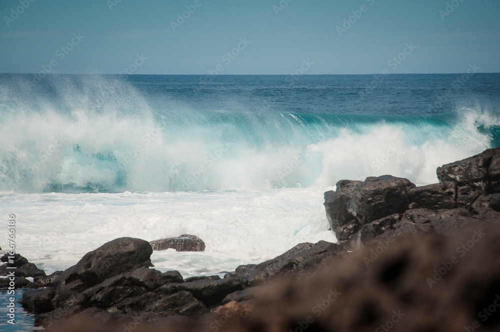 Oceanic waves making lather against the Boca de Abaco rocks coast, Lanzarote, Canary Island