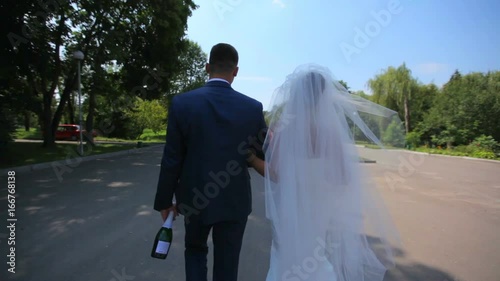 beautiful couple of newlyweds walking in the park. The bride and groom go along the path in the park