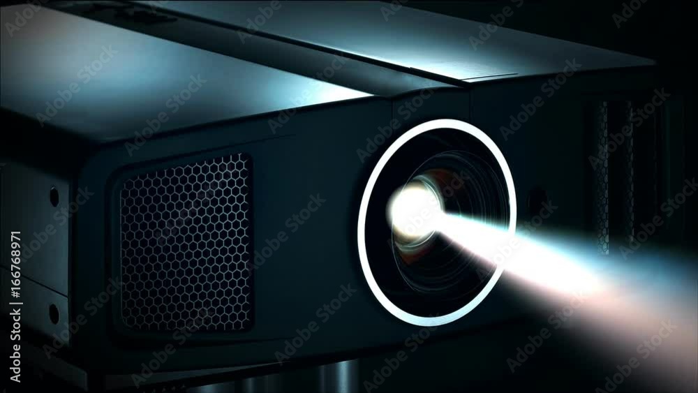 Digital Film Video Projector. Front view of digital film video projector lens in action