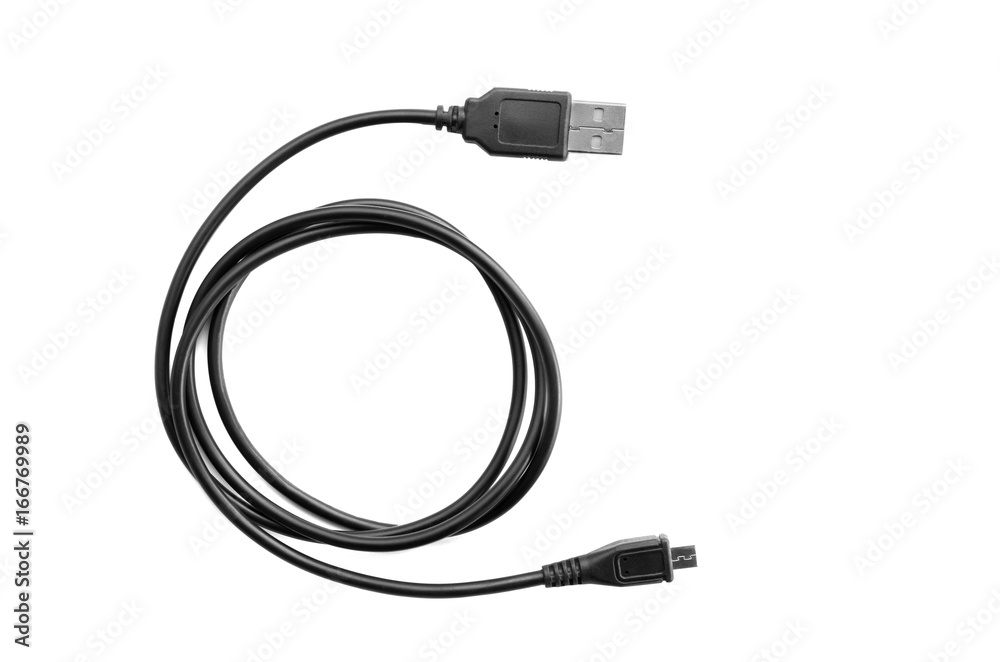 black wire USB cable isolate on white background black wire USB cable isolate on white background