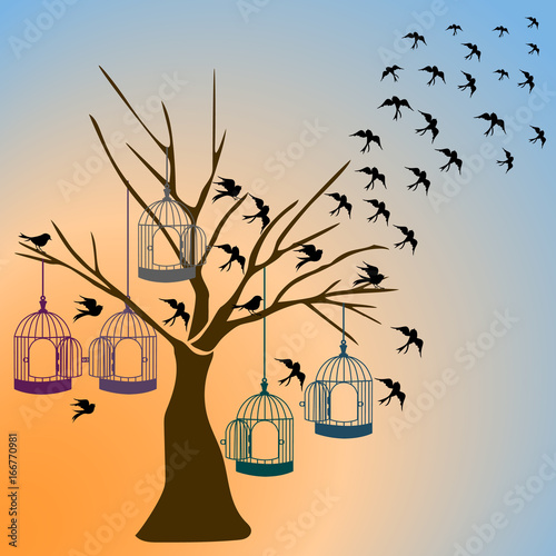 tree silhouette with birds flying and colorful bird cage isolated on sunset background.vector illustrator.