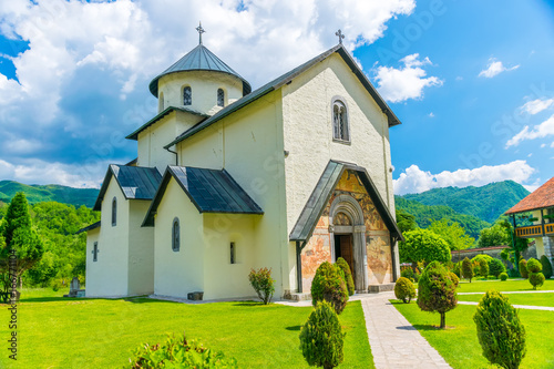 The temple of Monastery Moraca is located in the canyons of the river. Montenegro.