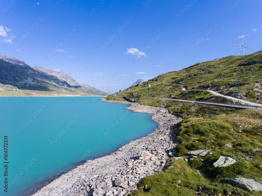 Panoramic view, Lake Bianco on Bernina Pass in Summer