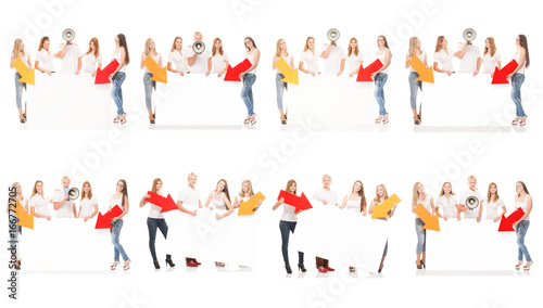 Group of teenagers with a blank  white billboard and loudspeaker. Collection set isolated on white background.