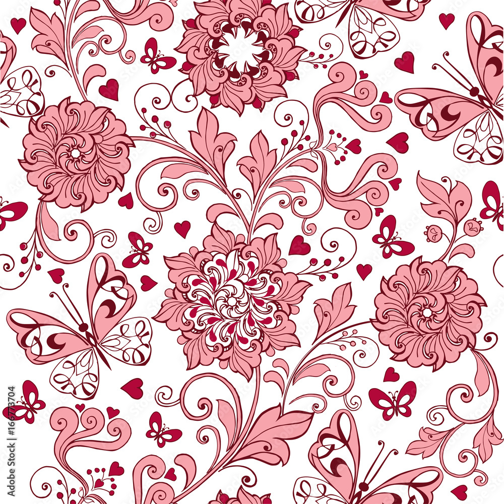 Vintage pink seamless pattern with hearts and butterflies. Elegant backdrop for fabric, textile, wrapping paper, card, invitation, wallpaper.