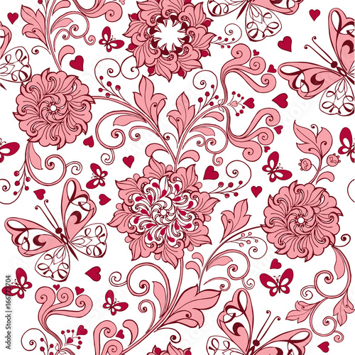 Vintage pink seamless pattern with hearts and butterflies. Elegant backdrop for fabric, textile, wrapping paper, card, invitation, wallpaper. © yereskonatasha