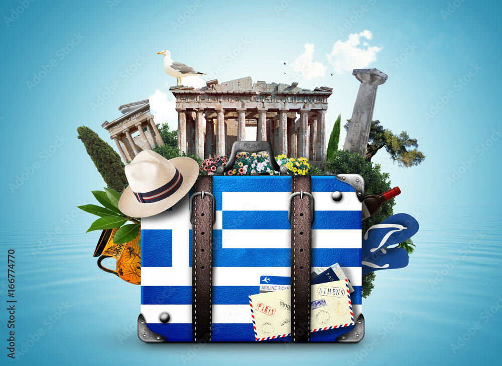 Naklejka premium Grecja, vintage walizka z zabytkami Grecji