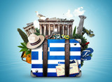 Greece, vintage suitcase with Greece landmarks