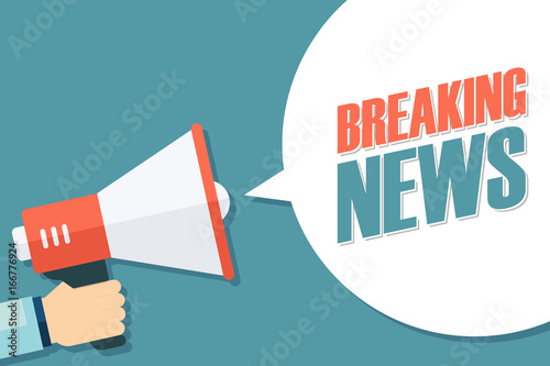Male hand holding megaphone with Breaking News speech bubble. Loudspeaker. Vector illustration.