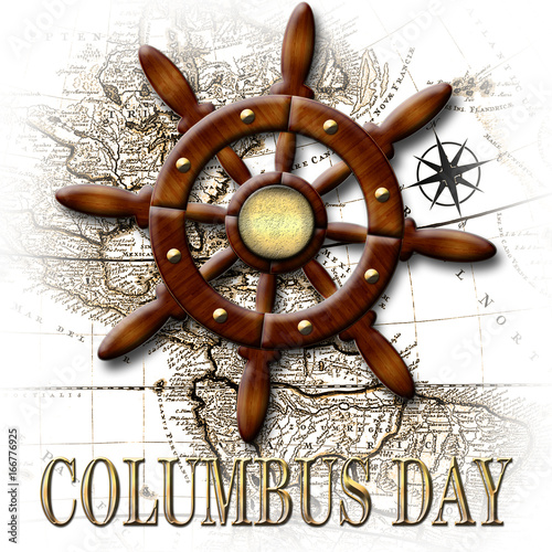 Happy Columbus Day, 3D, Nautical classic wood ship rudder, banner with golden accents. Wood style and old map as background.