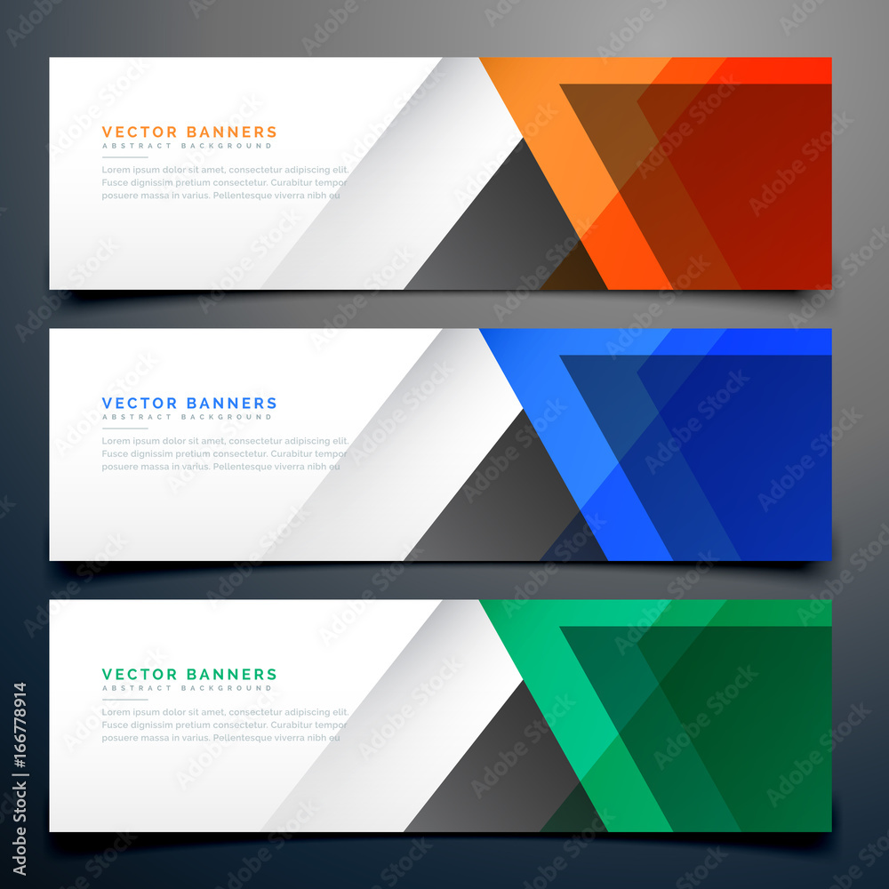 abstract geometric banners in three different colors