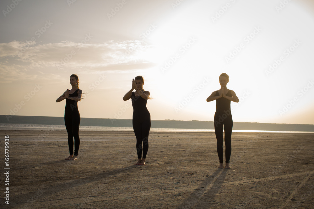 Fototapeta premium young women practicing yoga poses and asanas. Partner yoga, acrobatic yoga. Yoga class in black wear training in desert during sunset 