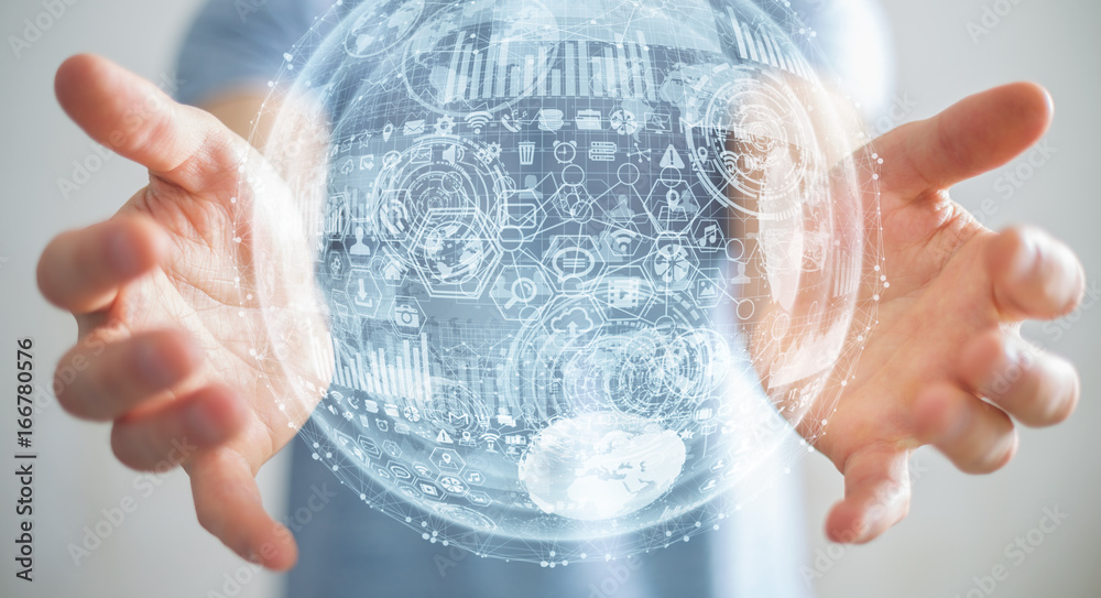 Businessman holding hologram sphere 3D rendering
