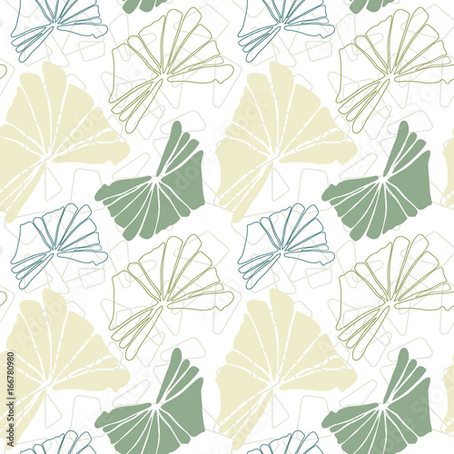 Floral vector seamless pattern with hand drawn tropical leaves in pastel colors and geometric background.