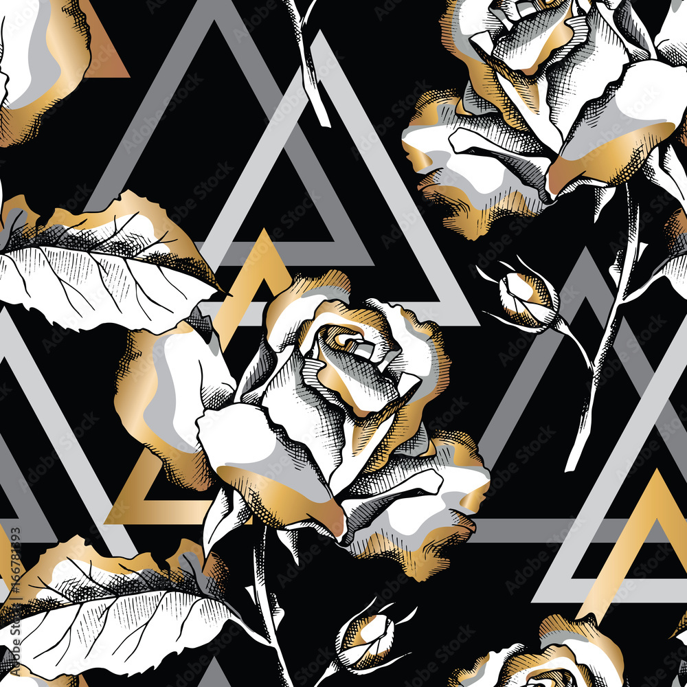 Triangular Rose Patterns Seamless pattern with image of a gold rose flowers and triangle ...