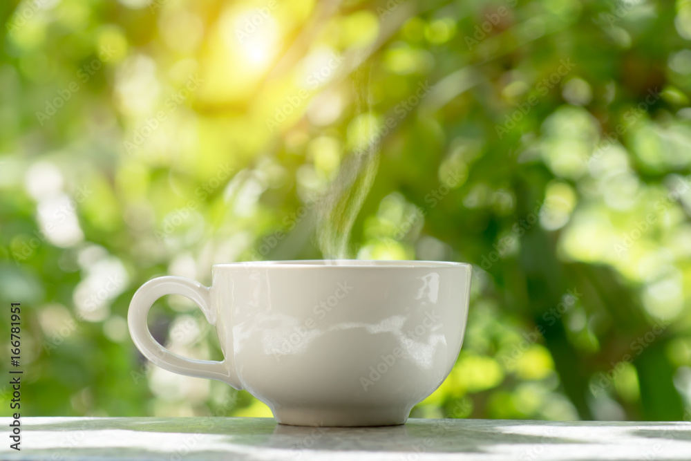 White coffee cup in the morning time White coffee cup in the morning time