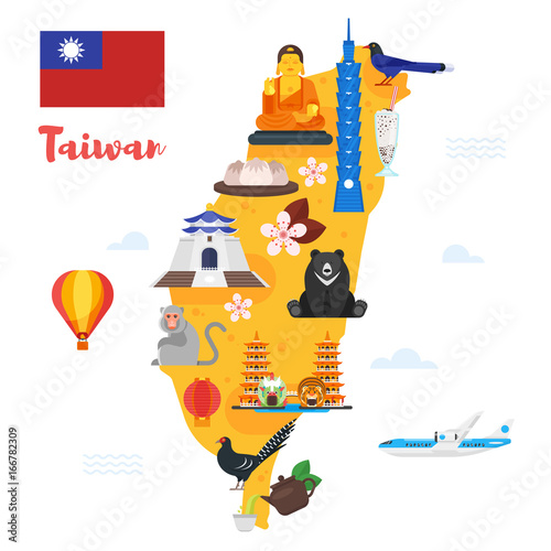 Taiwan map with cultural symbols.