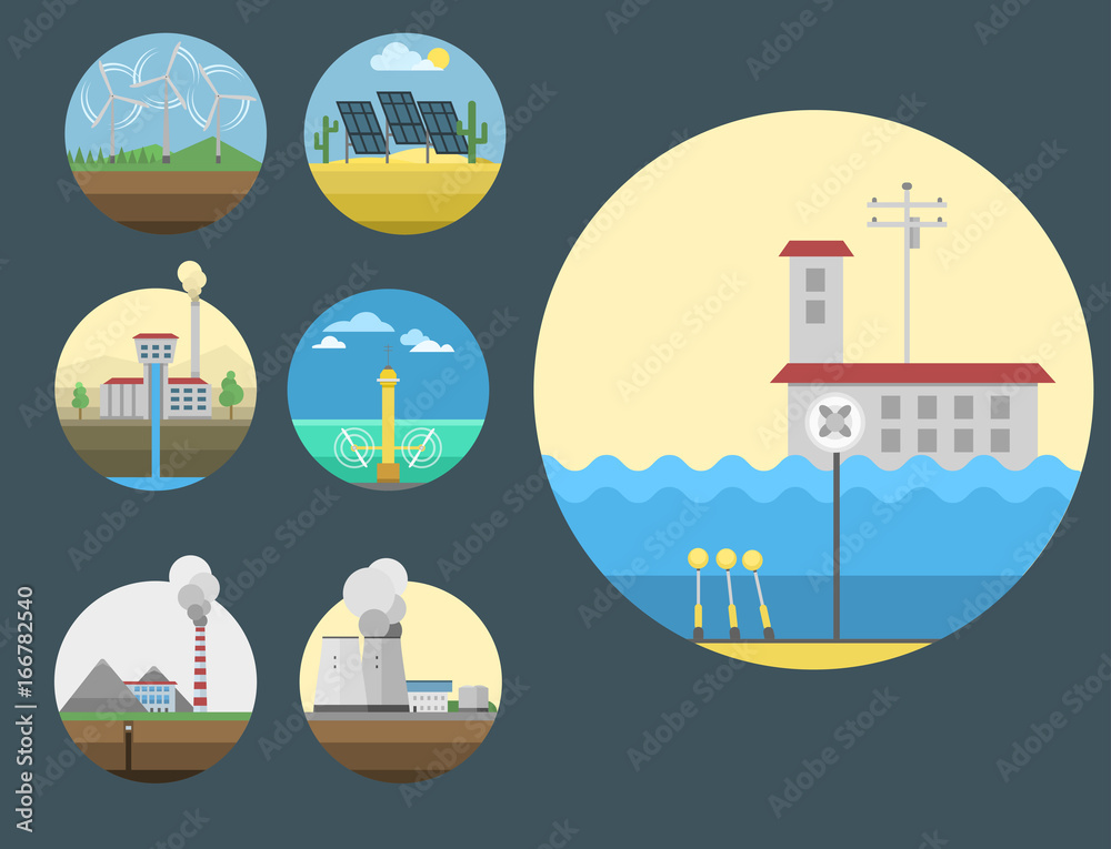 Generation energy types power plant icons vector renewable alternative ...