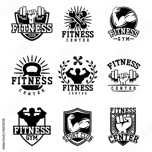 Monochrome fitness emblem design element gym sport club strong equipment silhouette vector illustration.