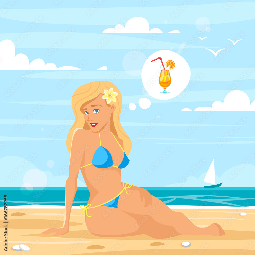 blond woman on the beach with think bubble