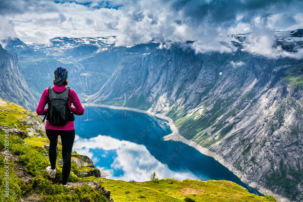 Amazing nature view on the way to Trolltunga. Location: Scandinavian Mountains, Norway, Stavanger. Artistic picture. Beauty world. The feeling of complete freedom
