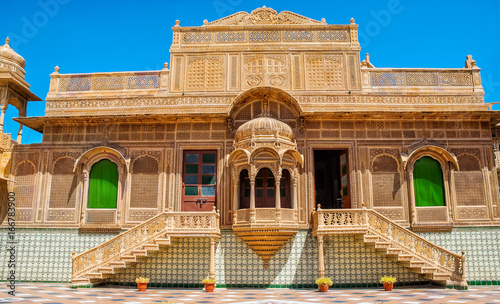 The beautiful exterior and interior of Mandir Palace in Jaisalmer, Rajasthan, India. Jaisalmer is a very popular tourist destination in Rajasthan. photo