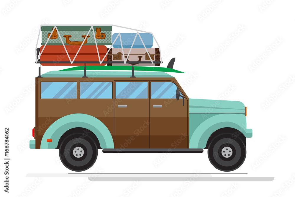 Isolated old car with big luggage on the roof. Flat design. Vector.