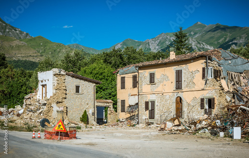 Destroyed houses and rubble of the earthquake that struck the town of Amatrice in the Lazio region of Italy. The strong earthquake took place on August 24, 2016. photo