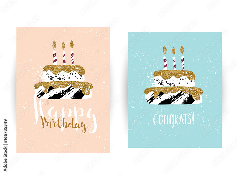 Happy birthday hand painted watercolor greeting cards. Cute happy