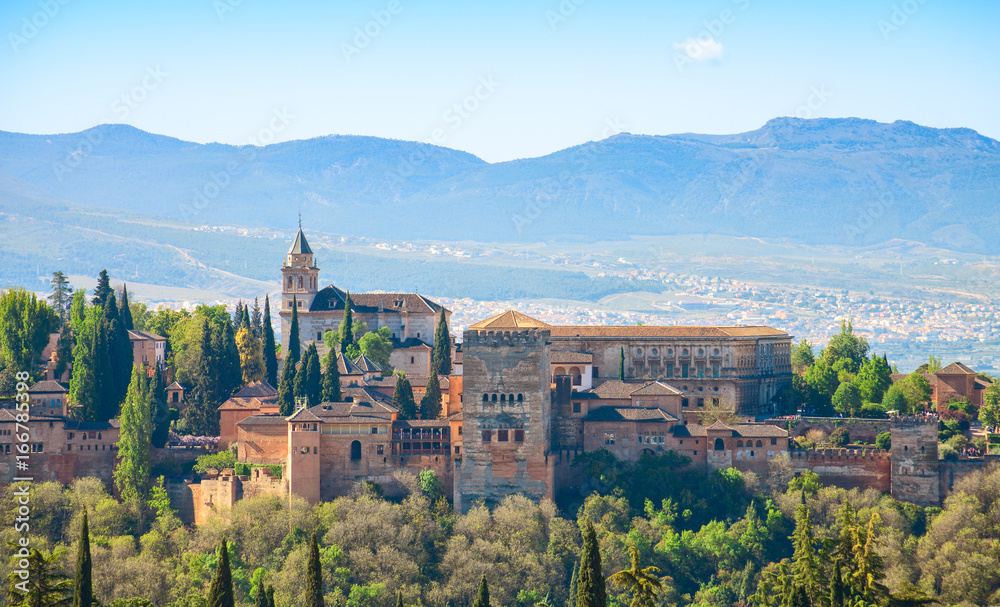 View of the Alhambra from the Albayzin,  Granada, Andalusia, Spain.
