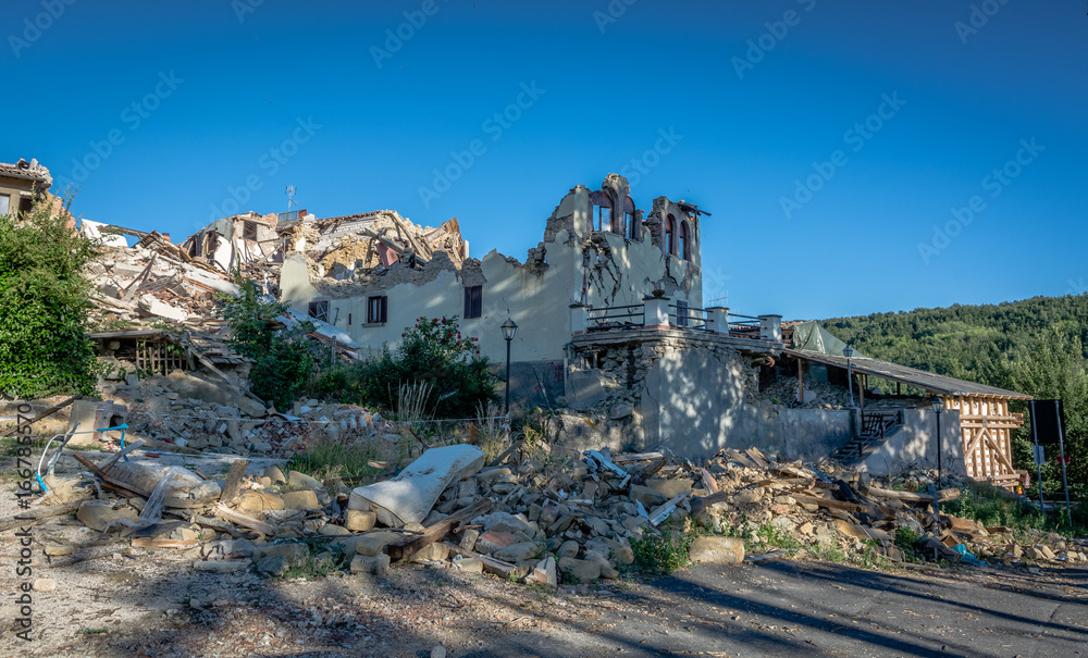 Destroyed houses and rubble of the earthquake that struck the town of Amatrice in the Lazio region of Italy. The strong earthquake took place on August 24, 2016.