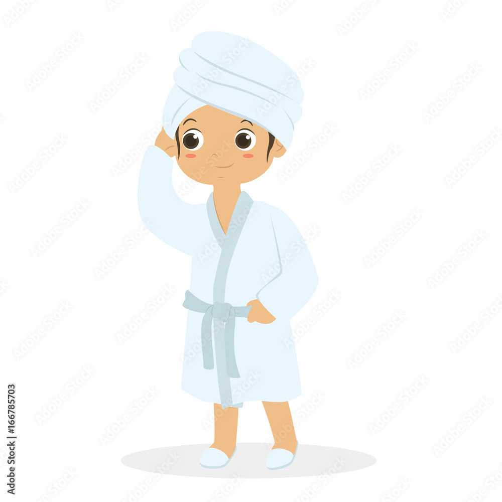 little girl wearing bathrobe and bath slippers, cartoon vector illustration