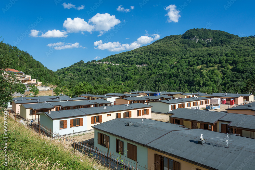 Prefabricated houses built after the earthquake that struck the town of Arquata del Tronto on August 24, 2016, in italy.