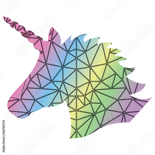 Shape silhouette  of the magical unicorn on the rainbow effect background and in Scandinavian style  poly triangle pattern 