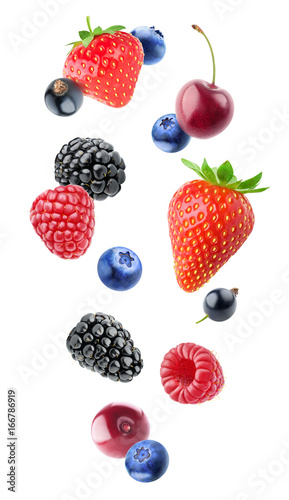 Isolated berries. Falling blueberry  blackberry  raspberry  strawberry  black currants and cherry fruits isolated on white background with clipping path