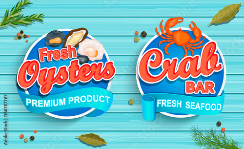 Seafood emblems on blue wooden background