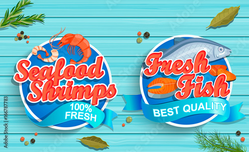 Seafood logos on blue wooden background