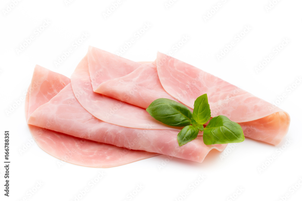 Thin slices of ham on white background. Thin slices of ham on white background.