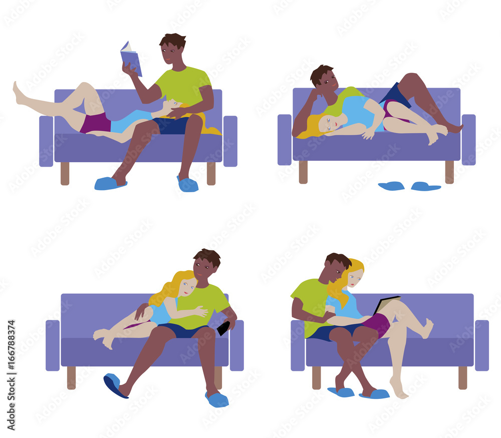 Vector illustration of happily romantic couple in love on sofa. Character set in colorful flat design.