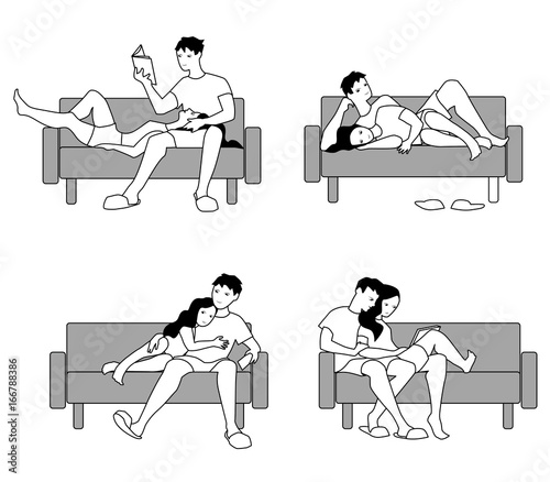 Vector illustration of happily romantic couple in love on sofa. Character set in flat design.