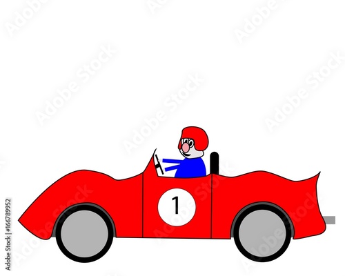Cartoon style car race driver in bright red sports racing car