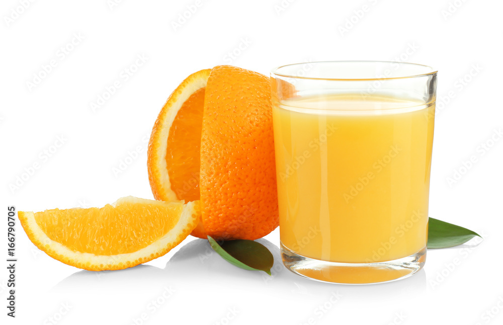 Composition with glass of fresh juice and orange on white background Composition with glass of fresh juice and orange on white background