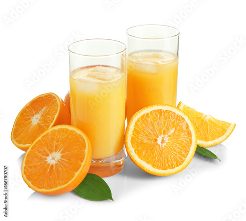 Composition with glasses of fresh juice and oranges on white background