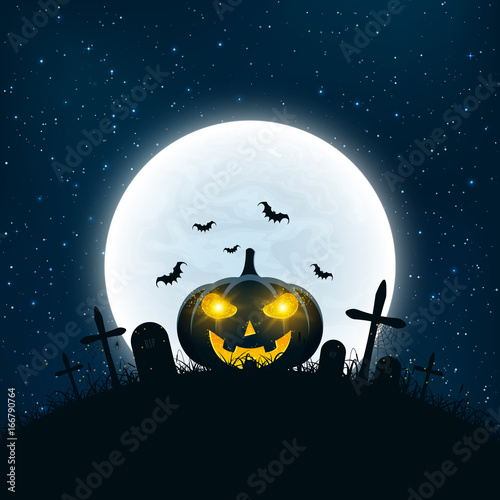 Template for Halloween party. The night scene of horrors. The concept of crosses, graves and a glowing pumpkin. Gold dust. Full moon. Vertical background. Club poster