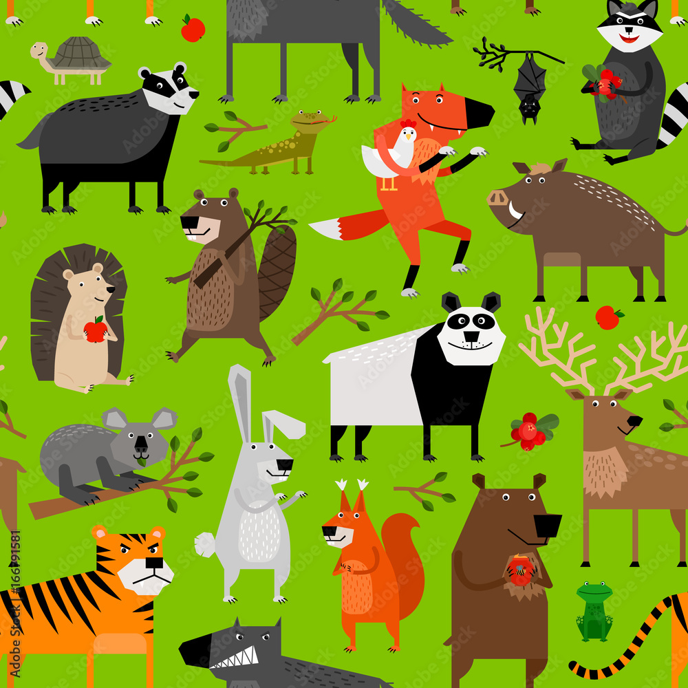 Naklejka premium Seamless pattern with forest animals on green background
