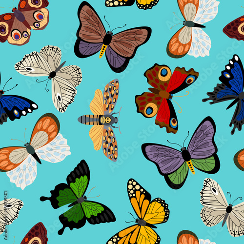 Seamless pattern with butterflies on blue background