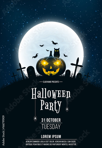 Template for Halloween party. A terrible concept of crosses, graves and a glowing pumpkin. Gold dust. Black owl. Full moon. Vertical background