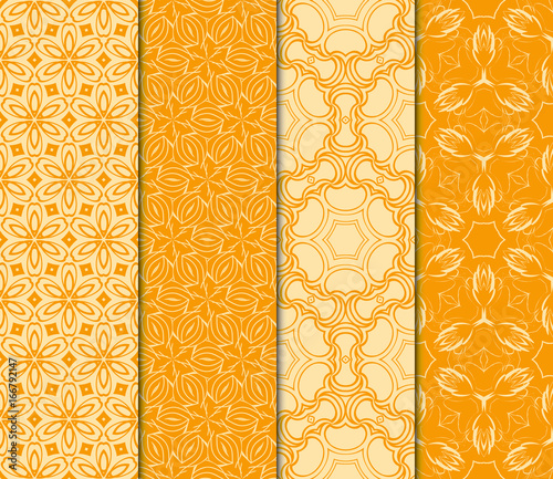 Set of 4 Seamless pattern in geometric floral style. vector illustration. orange color