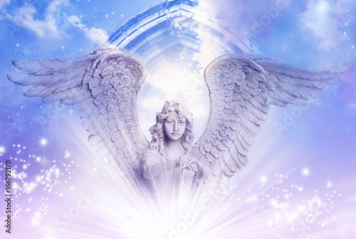 Fotografie angel archangel with big wings over a mystical Divine sky with a gate and stars
